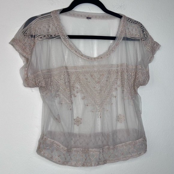 Free People cream sheer mesh embroidered lace blouse top - The Vicki Top - Picture 3 of 5